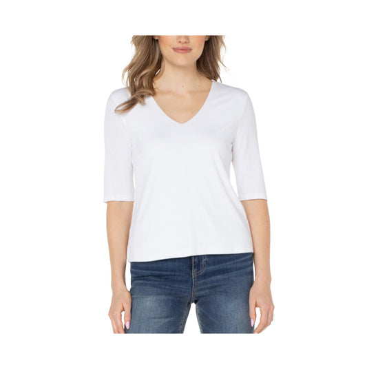 Double Layer V Neck 1/2 Sleeve Rib Knit Top